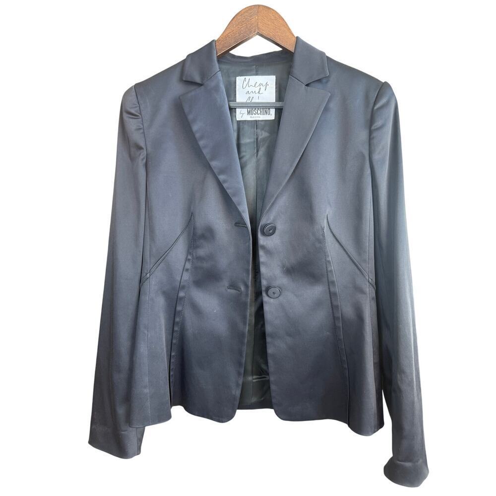 Moschino Cheap and Chic Vintage Black Satin Skirt Suit Set Size 10, measures a 6 - Picture 2 of 11